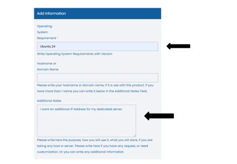 Operating system selection and notes step in dedicated server purchase Selecting the operating system and adding notes during dedicated server purchase