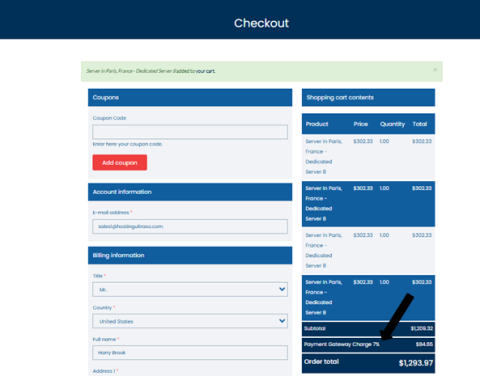 Final checkout process for purchasing a dedicated server Checkout and payment step while purchasing a dedicated server online