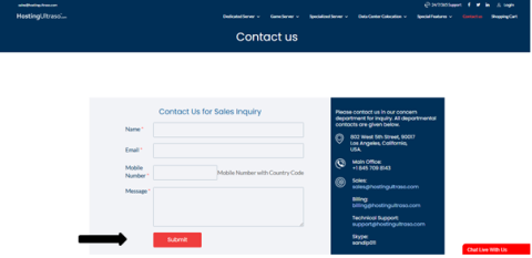 Contact sales support during the dedicated server purchasing process Contact form for sales support while purchasing a dedicated server