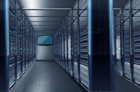 Modern data center server room with rows of high-performance server racks