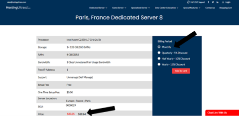 Process of purchasing a dedicated server with a monthly billing option Selecting the monthly billing period and purchasing a dedicated server online