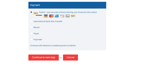 Payment method selection step in dedicated server purchasing process Selecting payment method to complete dedicated server purchase securely