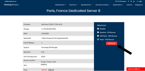 Process of purchasing a dedicated server and adding it to cart Adding a dedicated server to the cart during the purchasing process