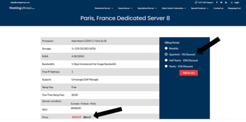 Process of purchasing a dedicated server with a quarterly billing option Selecting the quarterly billing period and purchasing a dedicated server online