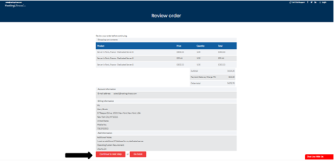 Review order step in the dedicated server purchasing process Reviewing order details before completing the dedicated server purchase