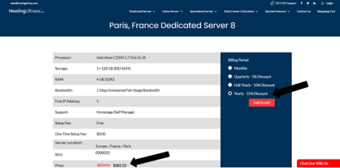 Process of purchasing a dedicated server with yearly billing Selecting yearly billing while purchasing a dedicated server online