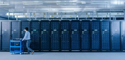 Enterprise data center with rows of high-performance dedicated servers