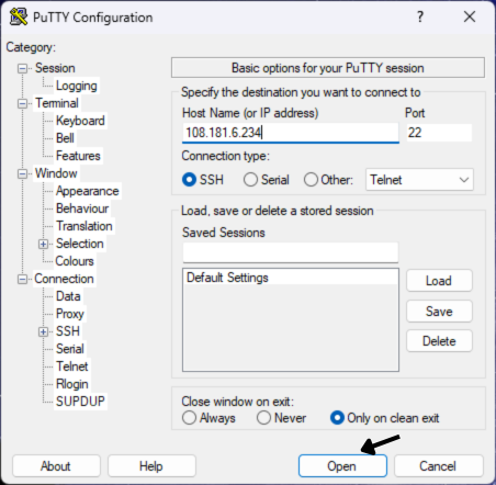 Open PuTTY and connect to dedicated server using hostname PuTTY configuration screen with hostname entered for dedicated server SSH