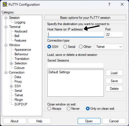 Configure hostname in PuTTY for dedicated server PuTTY hostname configuration screen for dedicated server login