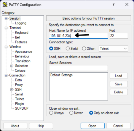 PuTTY hostname and IP configuration for dedicated server PuTTY hostname and IP address field for dedicated server SSH login