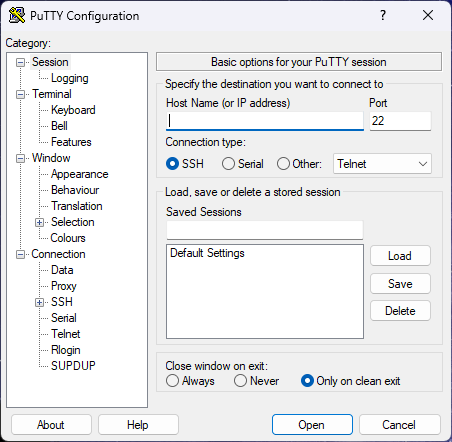 PuTTY SSH interface for dedicated server access PuTTY interface used to connect to a dedicated server via SSH