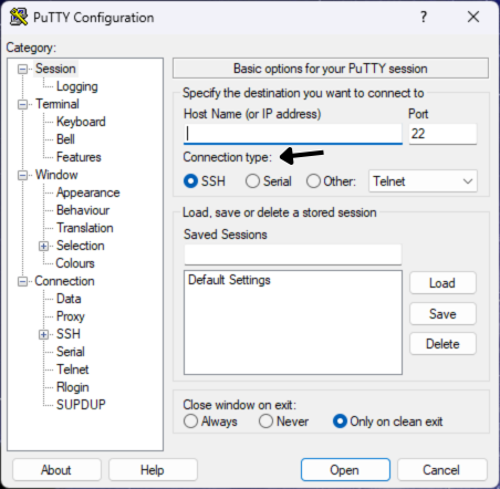 PuTTY SSH connection settings for dedicated server PuTTY SSH connection type selection for dedicated server access
