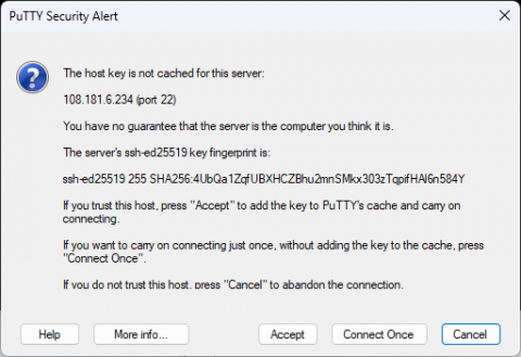 PuTTY SSH host key verification on dedicated server PuTTY security alert displaying SSH host key verification for a dedicated server