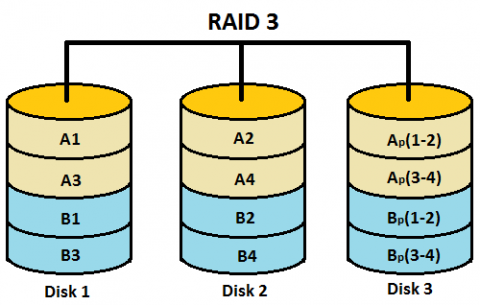 RAID 3 disk layout with byte-level striping and parity on a dedicated server